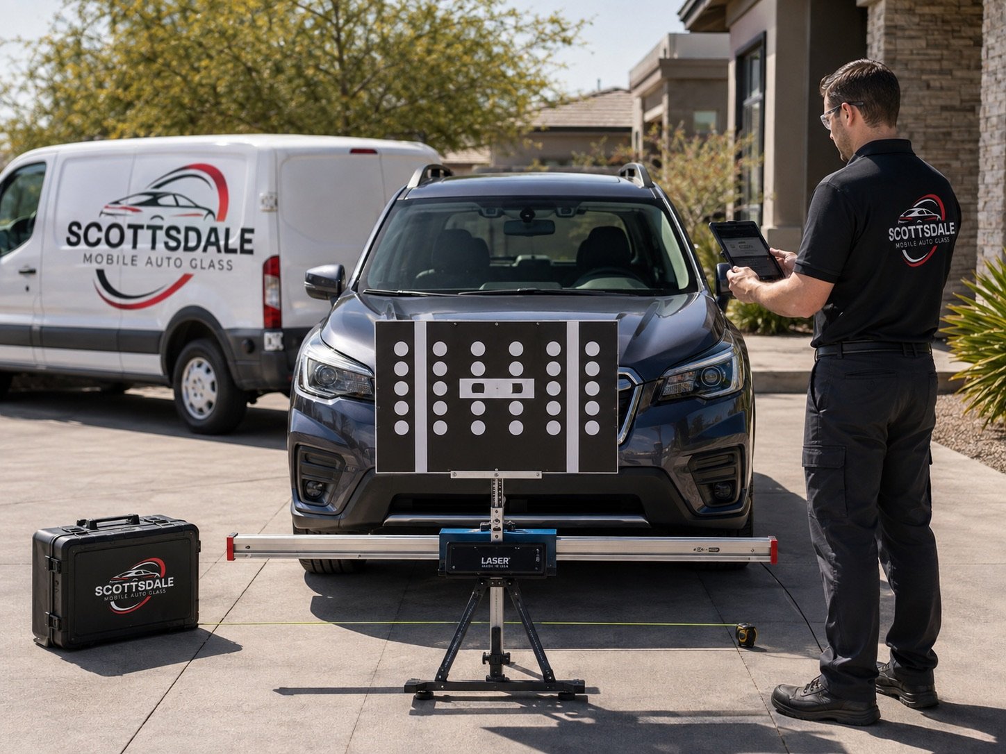 Scottsdale Mobile Auto Glass technician running an ADAS calibration on an SUV with a target board mounted in front of the vehicle, beside the company service van