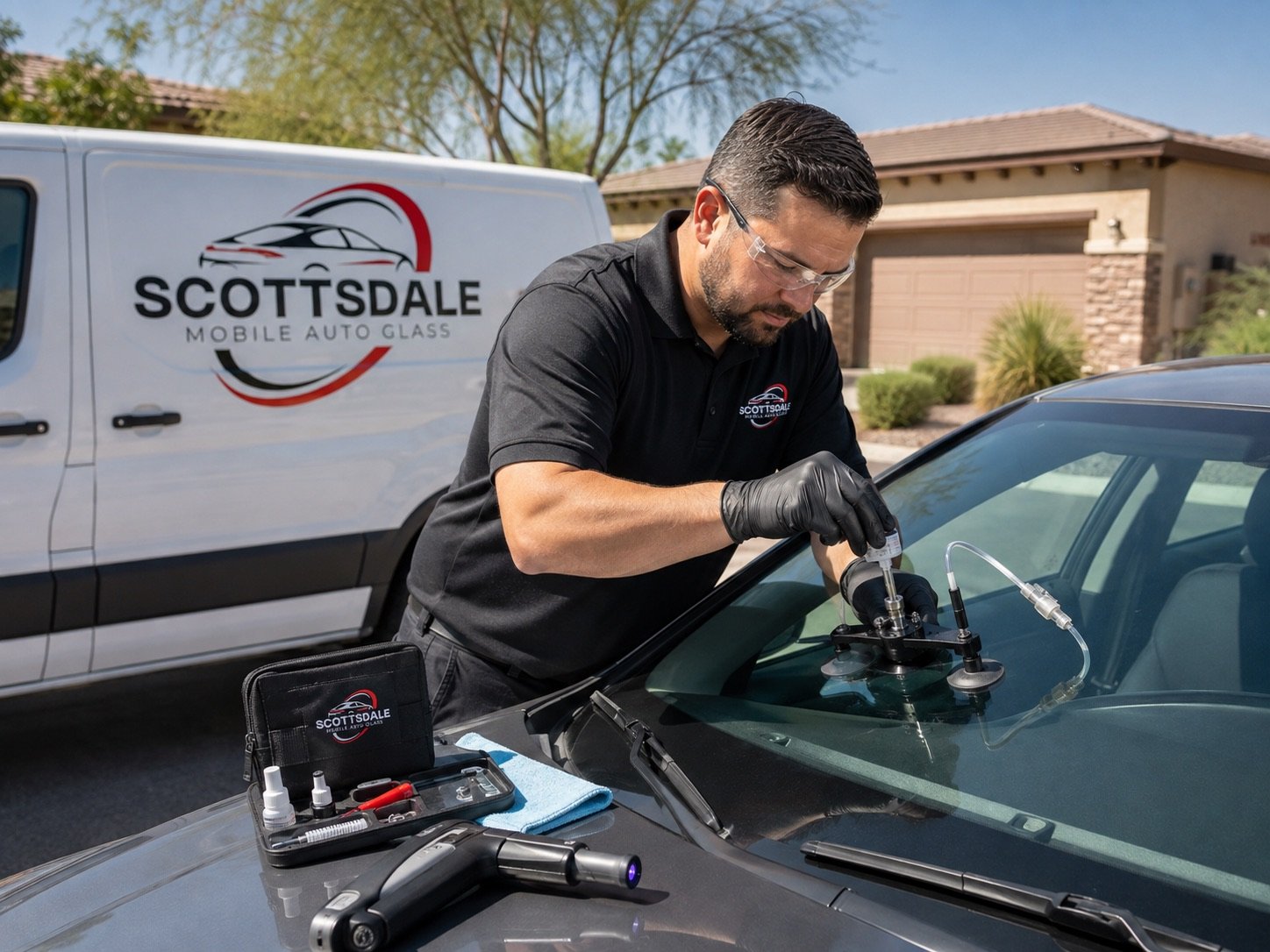 Scottsdale Mobile Auto Glass technician using a windshield repair injector on a car windshield with the repair kit laid out on the hood
