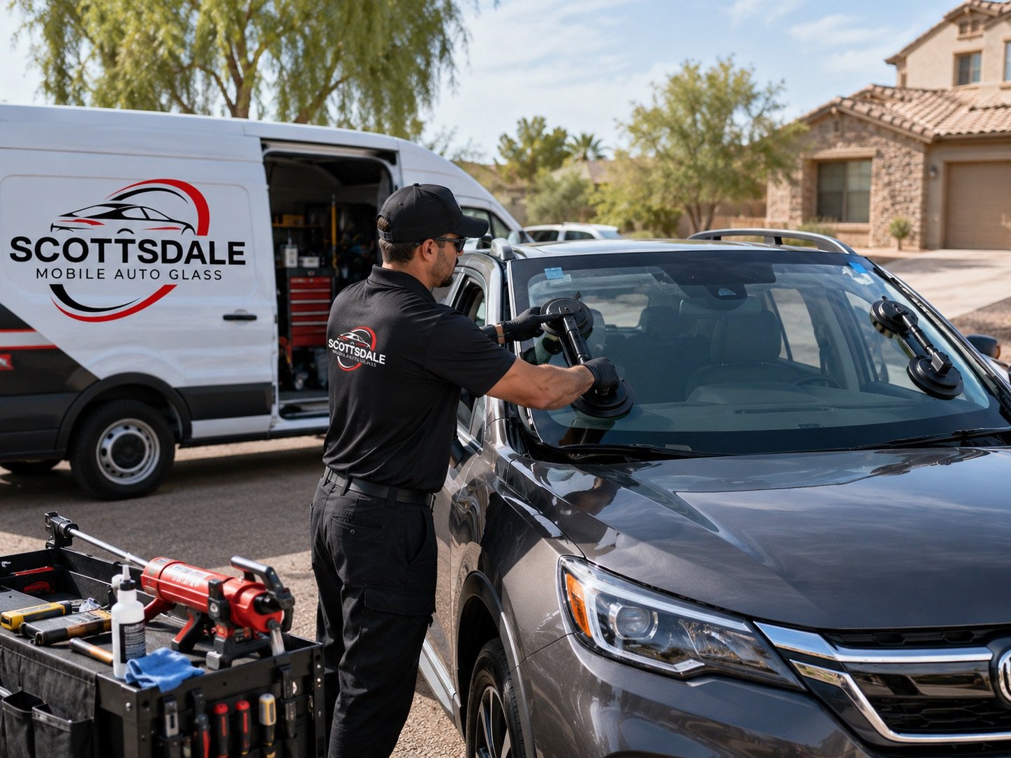 Scottsdale Mobile Auto Glass technician lifting a replacement windshield into an SUV on a driveway, with the glass trolley and service van behind