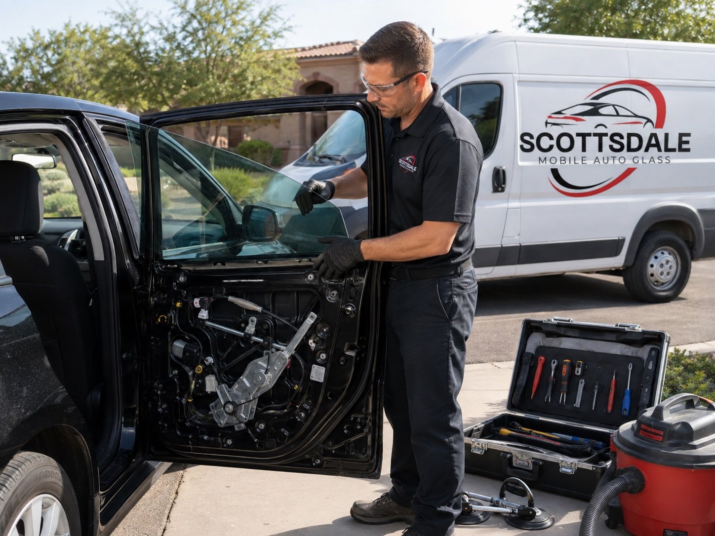 Scottsdale Mobile Auto Glass technician working inside an open car door with the trim panel removed and tools laid out beside the service van
