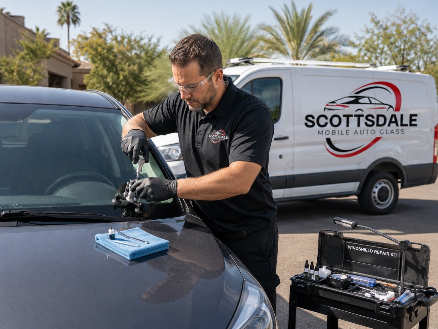 Scottsdale Mobile Auto Glass technician repairing damaged glass on a car at the customer's home