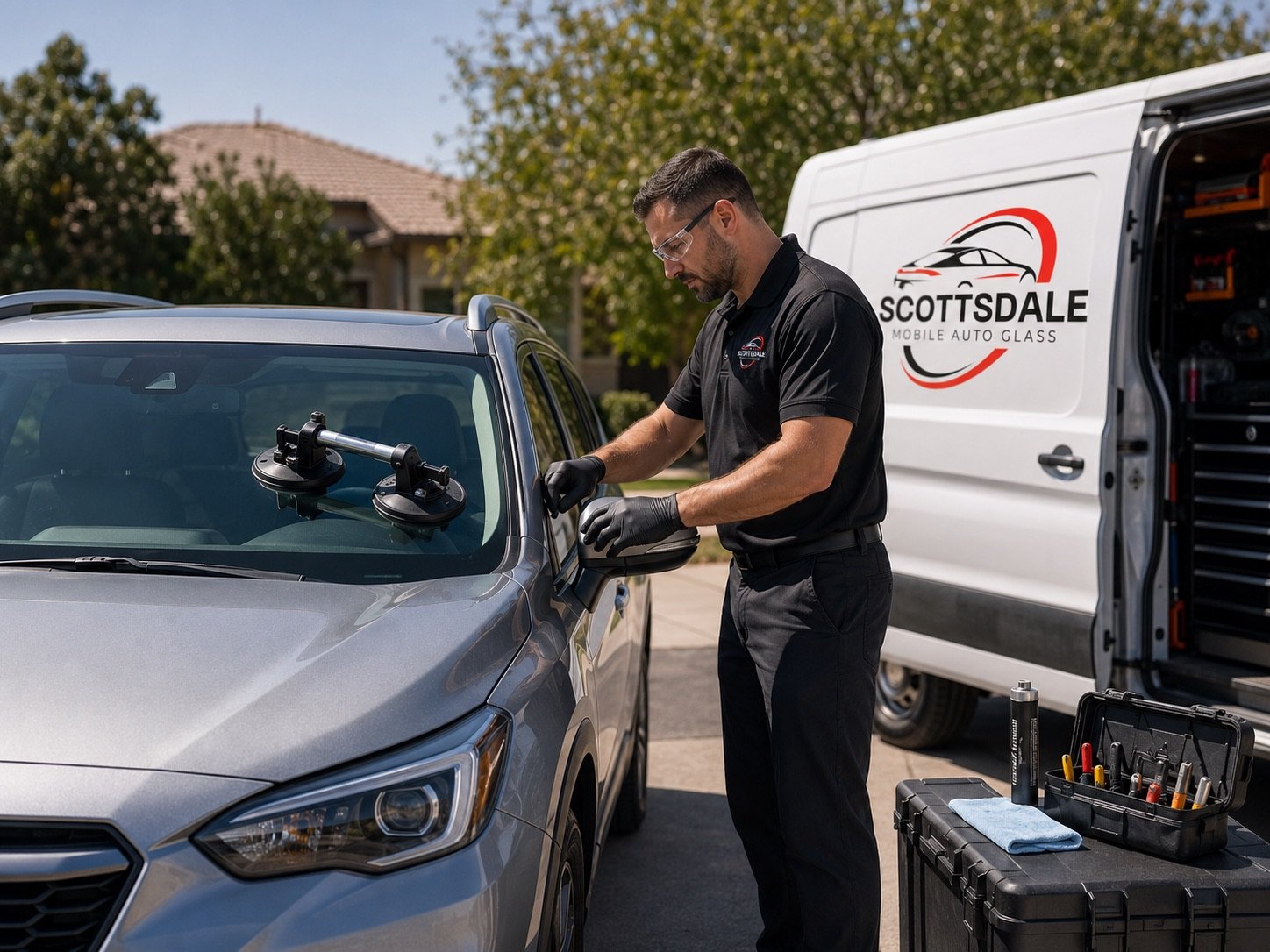 Scottsdale Mobile Auto Glass technician replacing vehicle glass on a driveway beside the company service van