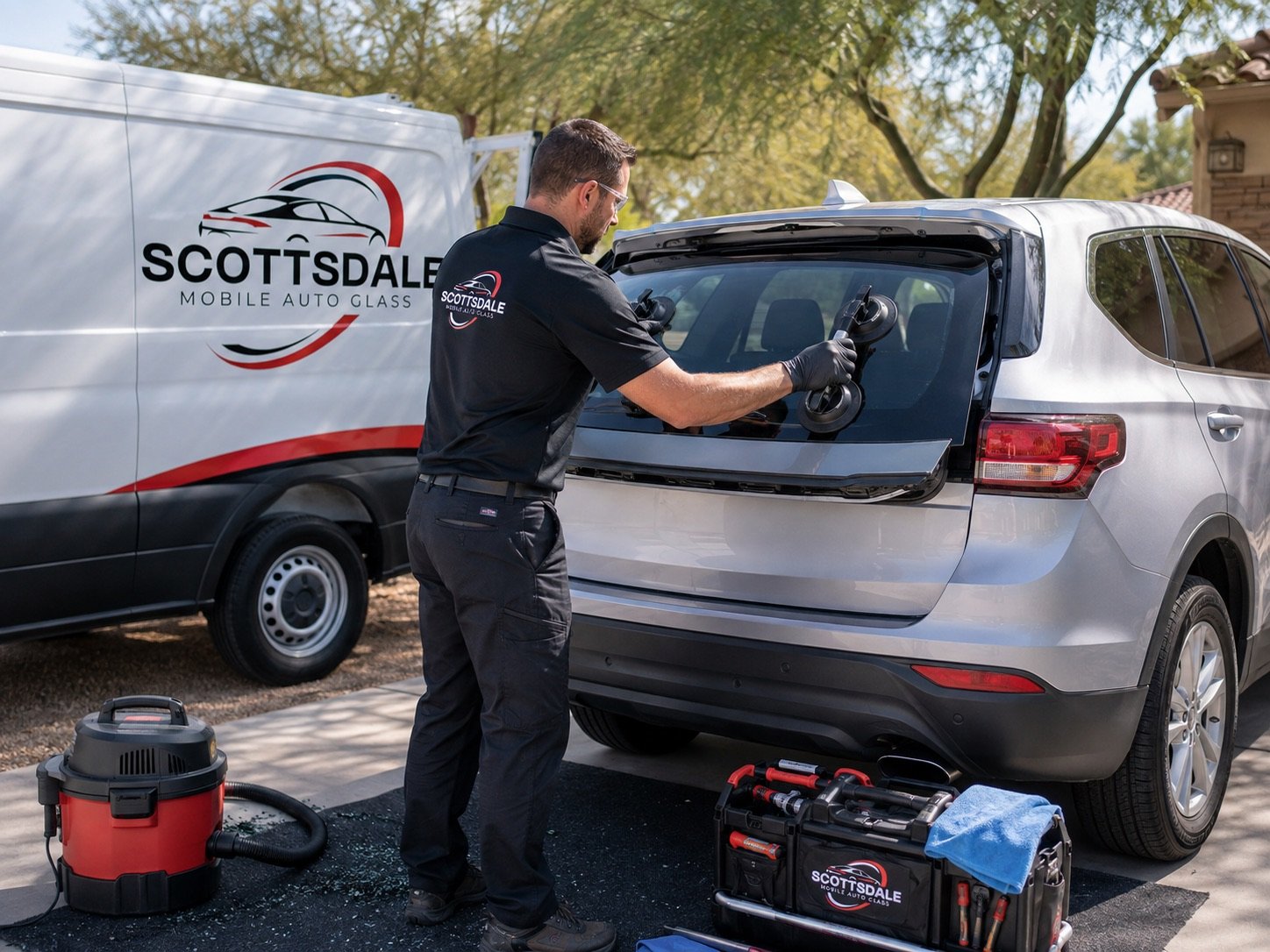 Scottsdale Mobile Auto Glass technician fitting rear glass to the back of an SUV, with a vacuum and tool bag on the driveway