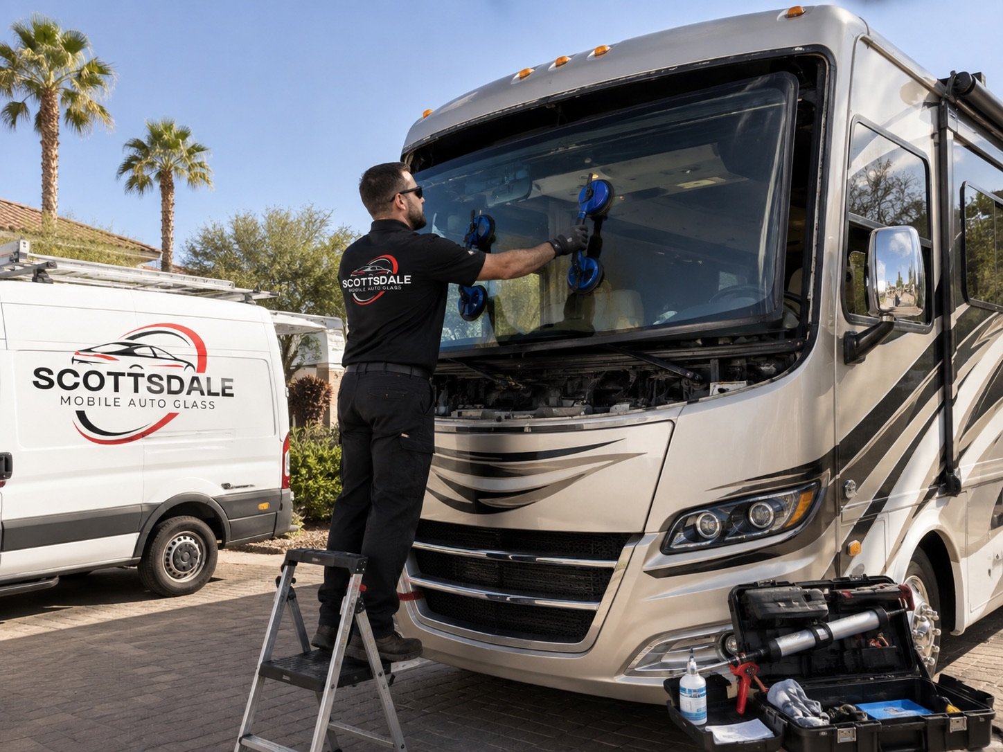 Scottsdale Mobile Auto Glass technician on a step ladder setting glass into the windscreen opening of a motorhome, beside the company service van