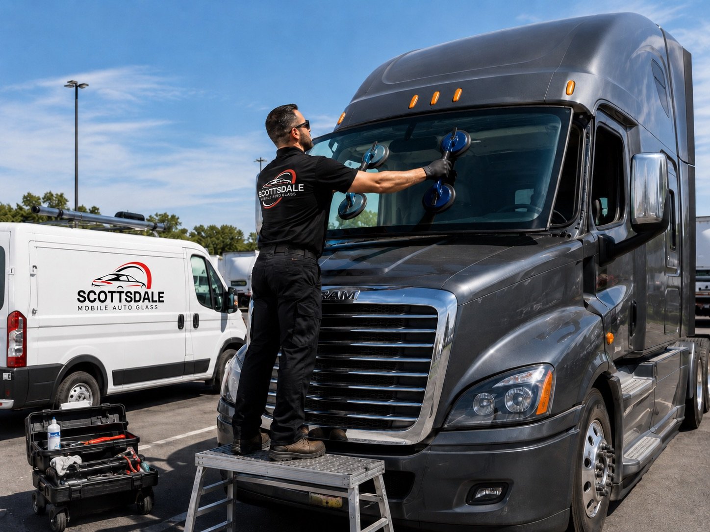 Scottsdale Mobile Auto Glass technician using suction handles to set a windshield into a semi truck cab from a step platform