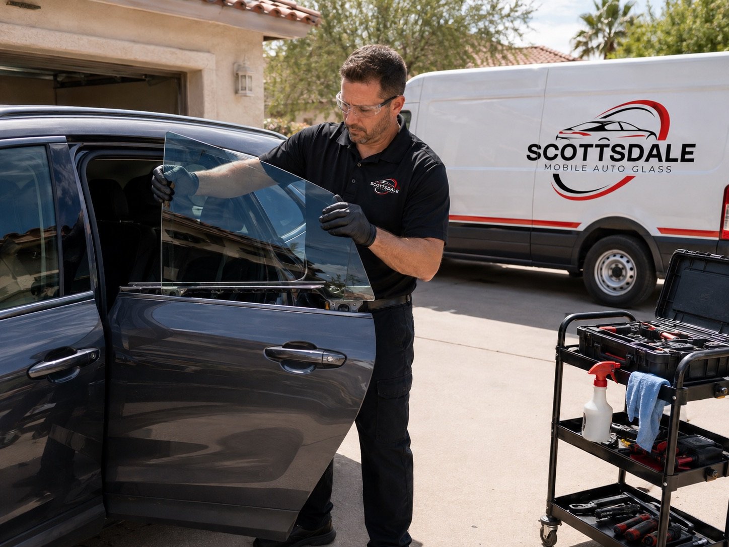 Scottsdale Mobile Auto Glass technician carrying a side window pane to an open vehicle door, with a tool cart alongside
