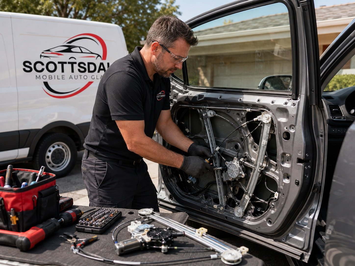 Scottsdale Mobile Auto Glass technician working on the window regulator mechanism inside a car door with the trim panel removed