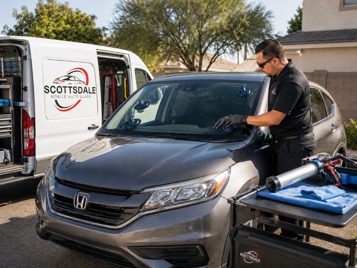 Scottsdale Mobile Auto Glass technician using suction handles to set a replacement windshield into a car beside the company service van
